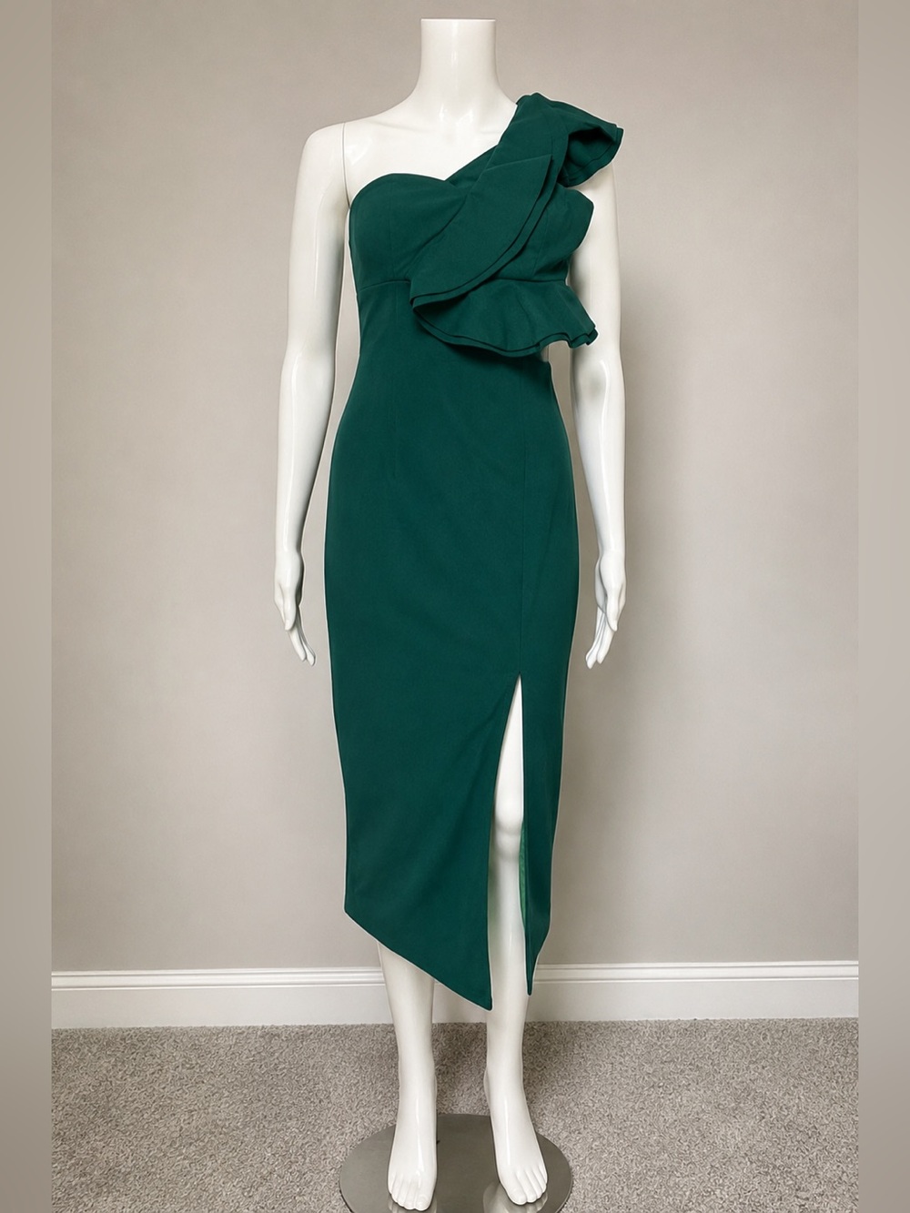 Hello Molly One-Shoulder Ruffle Midi Dress in Emerald NWT | Size XL